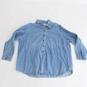 Vintage  Susan Bristol Blue Button Up Floral Collar Denim Chambray Shirt 3W